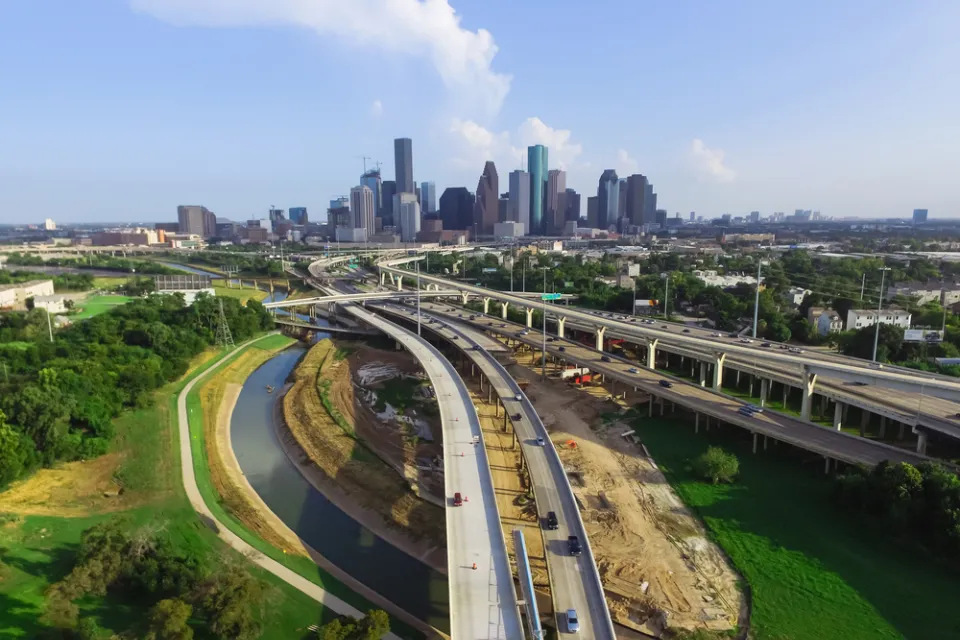 A view of Houston's freeways, with downtown in the background.